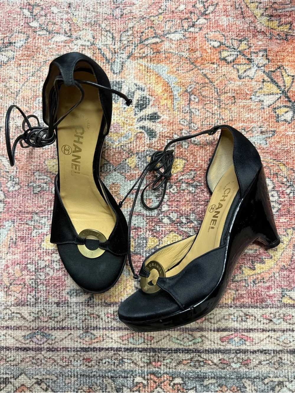 CHANEL 2003 Cruise Collection Black Satin & Patent Leather Lace-Up Wedge Sandals